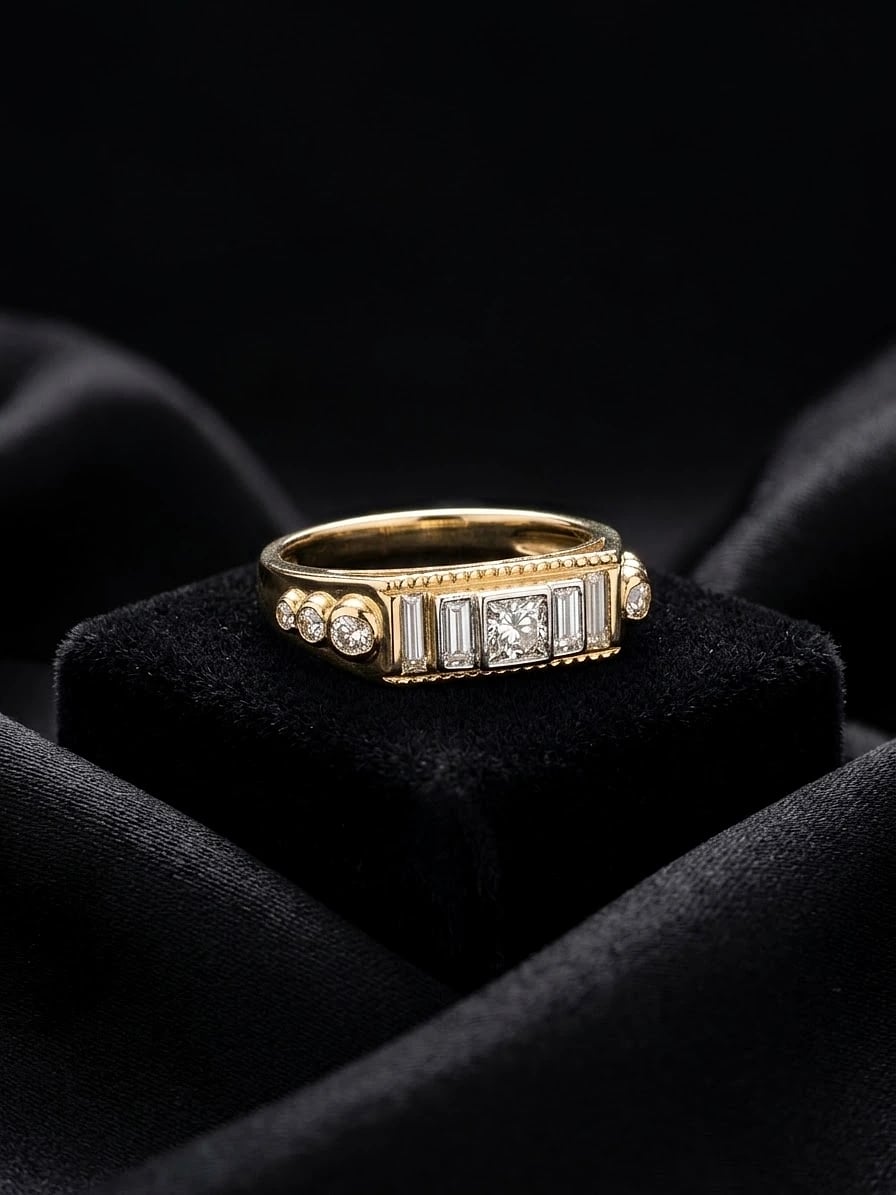 Bague sur mesure HINANO : bague en or jaune, diamant central taille princesse entouré de diamants baguettes en serti clos or blanc, diamants ronds sur les épaules, sur velours noir.