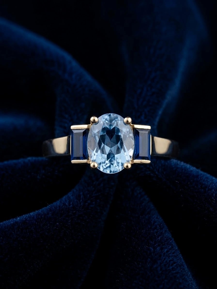 Bague trilogie en or jaune, pierre bleu clair ovale centrale tenue par quatre griffes, flanquée de deux pierres bleues taille baguette en serti clos, sur velours bleu nuit.