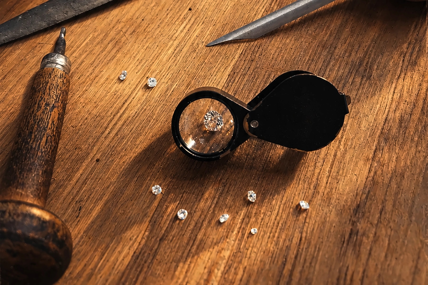 Loupe de joaillier et diamants sur l'établi